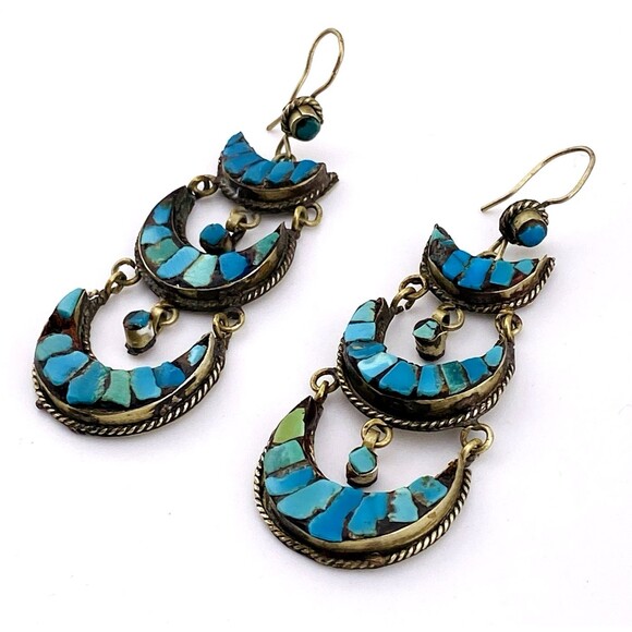 Vintage to Antique Tibetan Silver Turquoise Inlay Earrings Big Beautiful 3" Drop - Picture 2 of 6